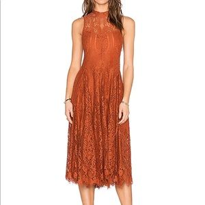 FREE PEOPLE LACE COPPER TRAPEZE MIDI DRESS